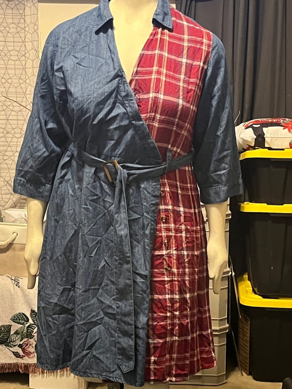 Ashley Stewart Two-Tone Wrap Robe in Blue and Red Plaid
